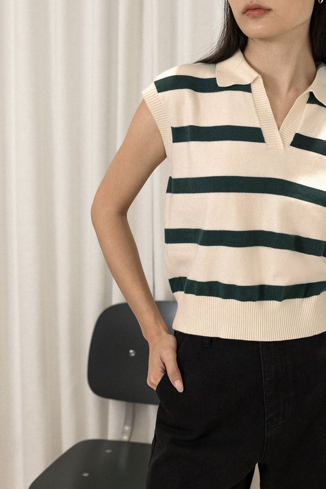 LEONOR STRIPED COLLARED BOXY KNIT TOP (CREAM WITH GREEN STRIPES)