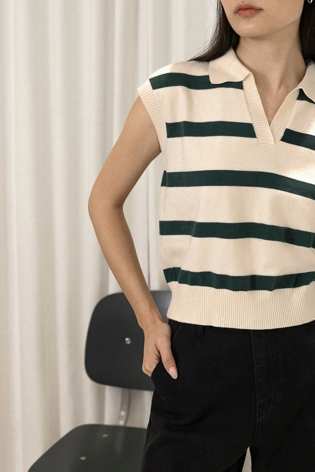 LEONOR STRIPED COLLARED BOXY KNIT TOP (CREAM WITH GREEN STRIPES)