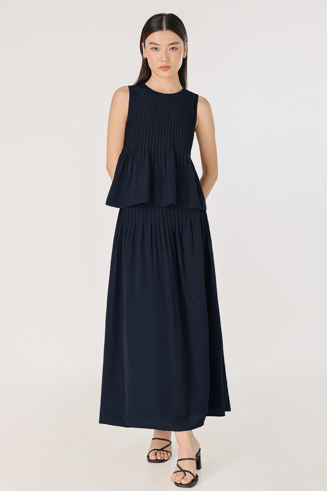MARISSA PREMIUM PINTUCK WAIST FLARE MAXI SKIRT - PETITE (NAVY)