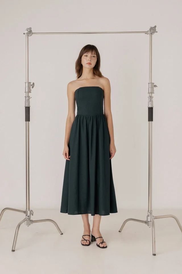 ABBILYN PADDED LINEN LOW-WAIST PINTUCK TWO-WAY MIDAXI DRESS (FOREST)