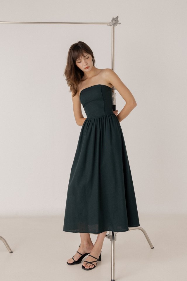 ABBILYN PADDED LINEN LOW-WAIST PINTUCK TWO-WAY MIDAXI DRESS (FOREST)