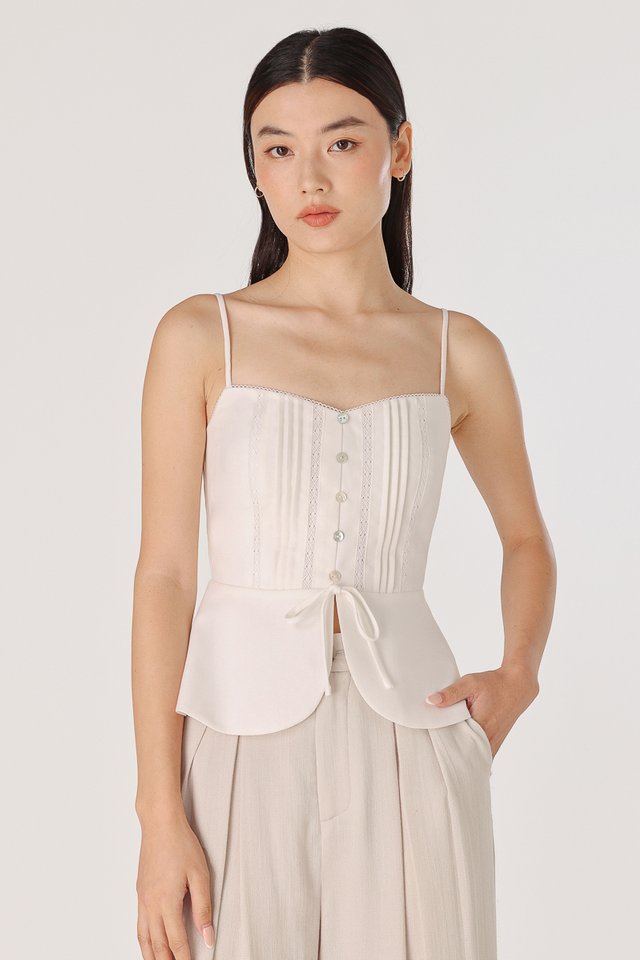SHANA PADDED LINEN PINTUCK SHELL BUTTON TOP (WHITE)
