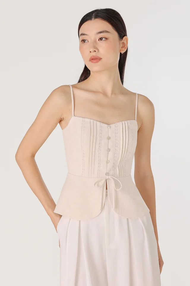 SHANA PADDED LINEN PINTUCK SHELL BUTTON TOP (NATURAL)