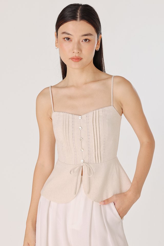 SHANA PADDED LINEN PINTUCK SHELL BUTTON TOP (NATURAL)