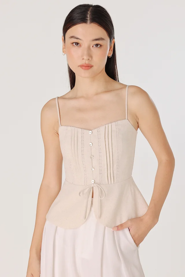 SHANA PADDED LINEN PINTUCK SHELL BUTTON TOP (NATURAL)