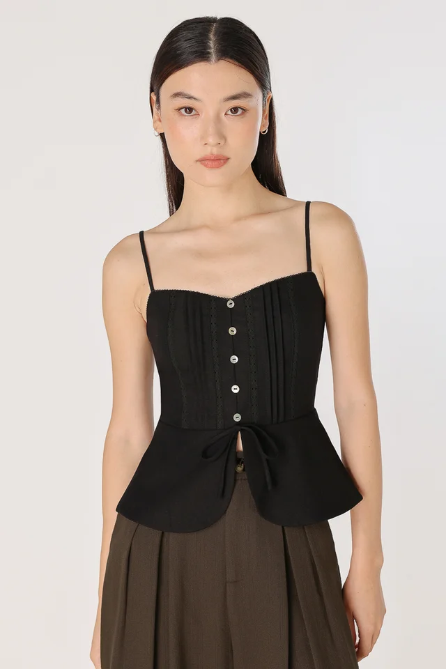 SHANA PADDED LINEN PINTUCK SHELL BUTTON TOP (BLACK)