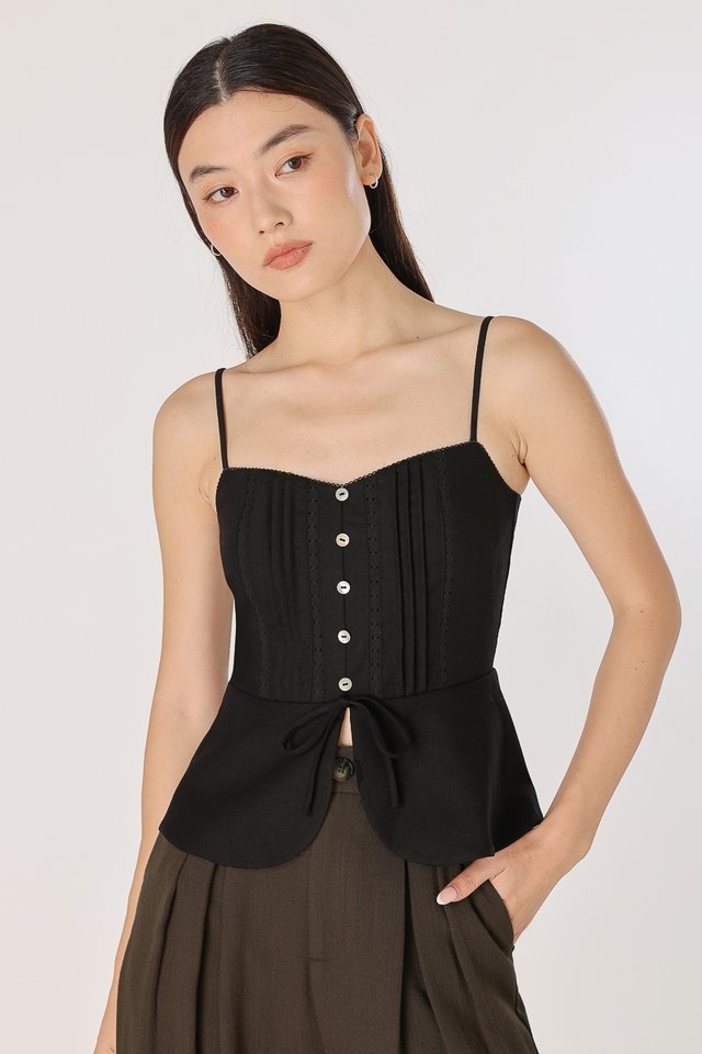 SHANA PADDED LINEN PINTUCK SHELL BUTTON TOP (BLACK)