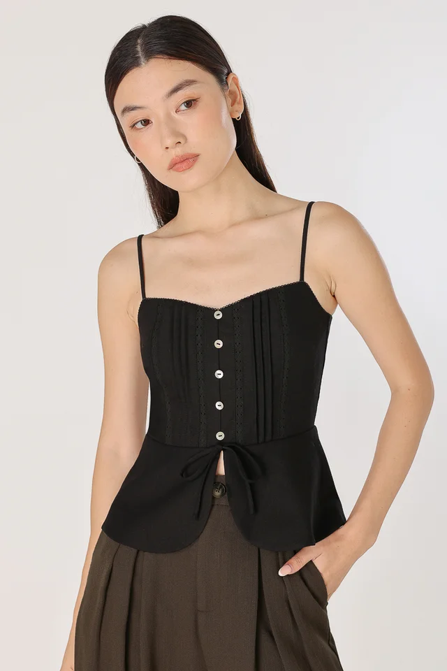 SHANA PADDED LINEN PINTUCK SHELL BUTTON TOP (BLACK)