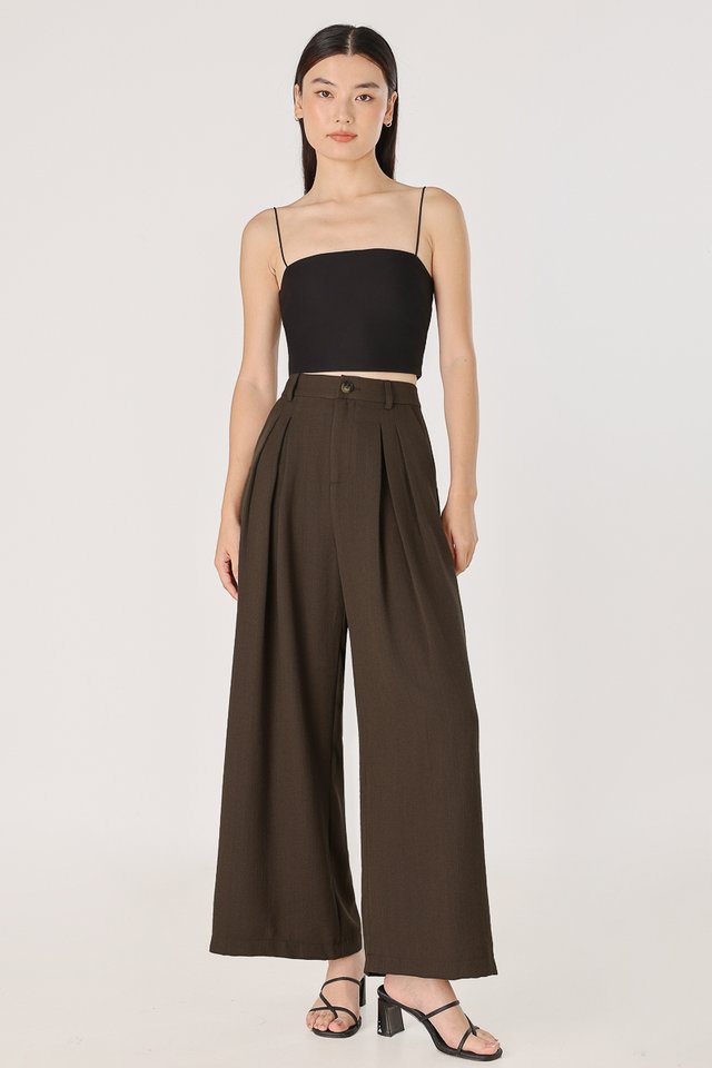 JOSEPHINE DOUBLE PLEATED WIDE LEG PANTS - PETITE (BROWN)