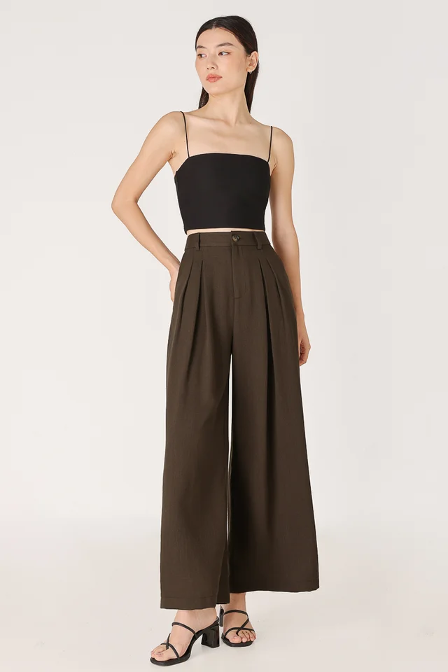 JOSEPHINE DOUBLE PLEATED WIDE LEG PANTS - PETITE (BROWN)