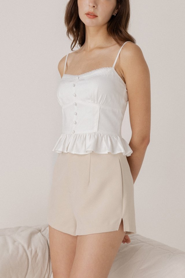 FALLON PADDED LINEN LACE TRIM BUTTON TOP (WHITE)
