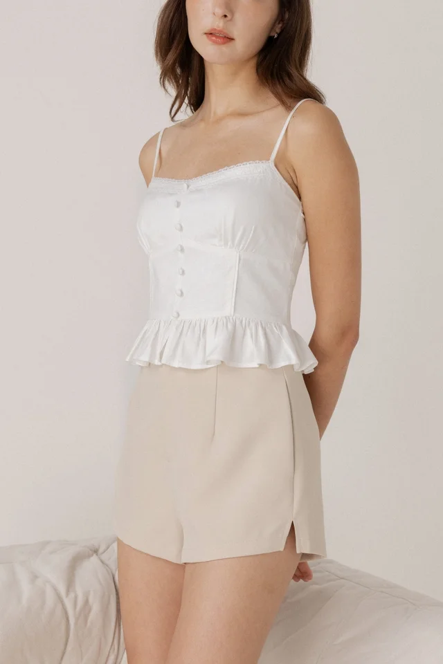 FALLON PADDED LINEN LACE TRIM BUTTON TOP (WHITE)
