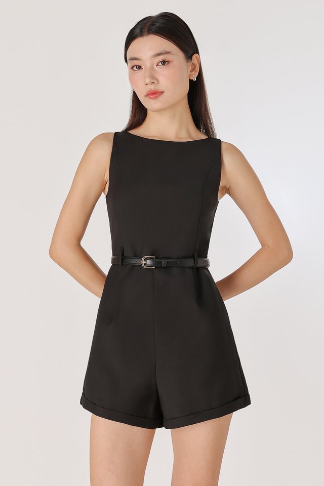 MARISOL PADDED BELTED TAILORED ROMPER (BLACK)