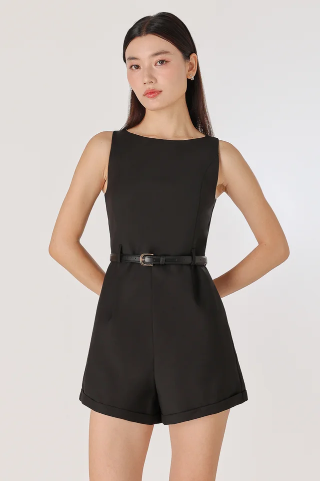 MARISOL PADDED BELTED TAILORED ROMPER (BLACK)