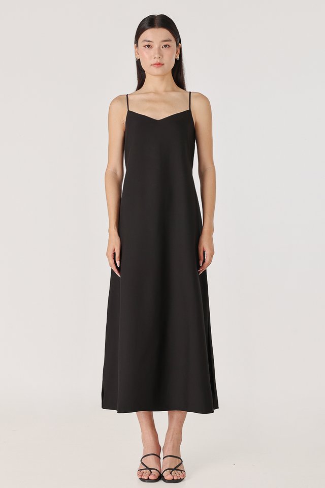 MARLA REVERSIBLE PADDED TIE-BACK MIDAXI TENT DRESS (BLACK)