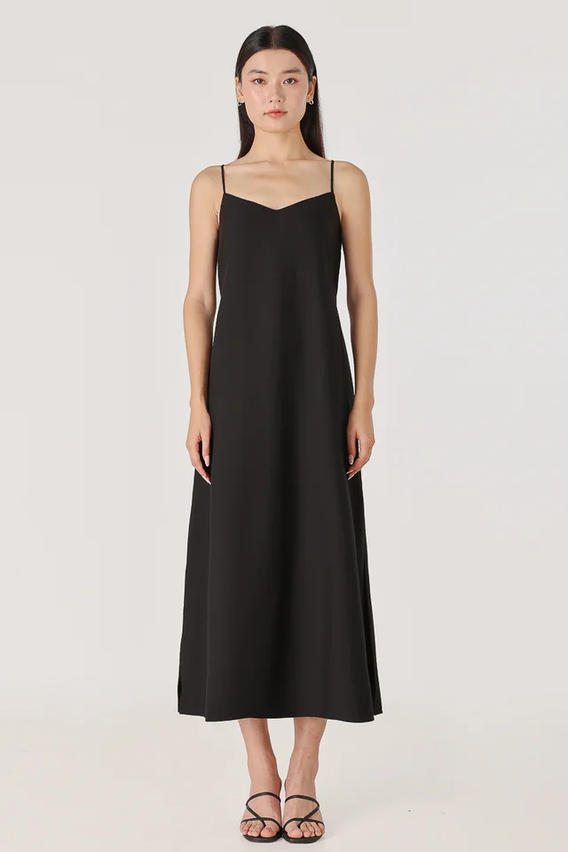 MARLA REVERSIBLE PADDED TIE-BACK MIDAXI TENT DRESS (BLACK)