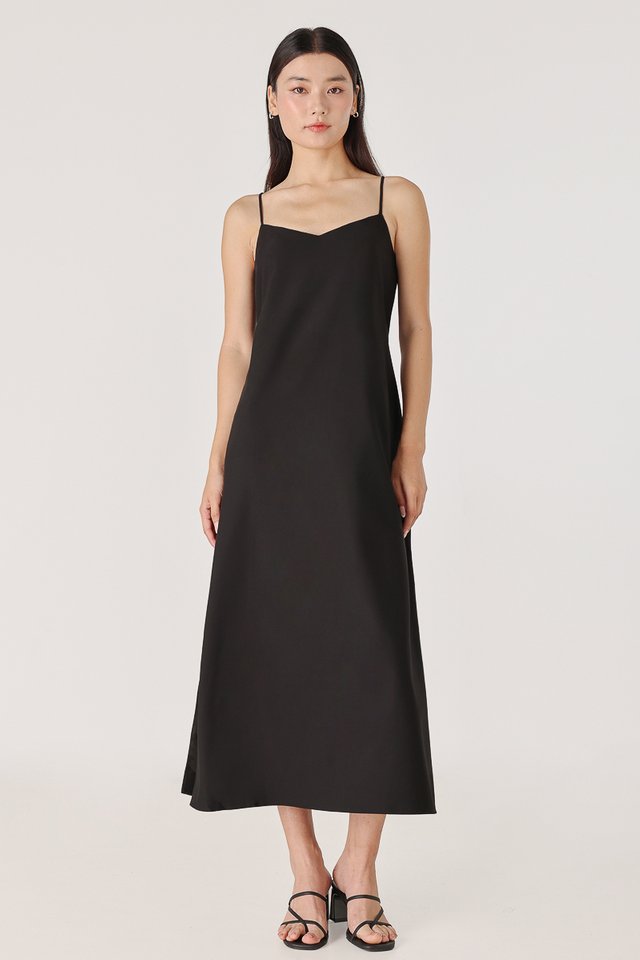 MARLA REVERSIBLE PADDED TIE-BACK MIDAXI TENT DRESS (BLACK)