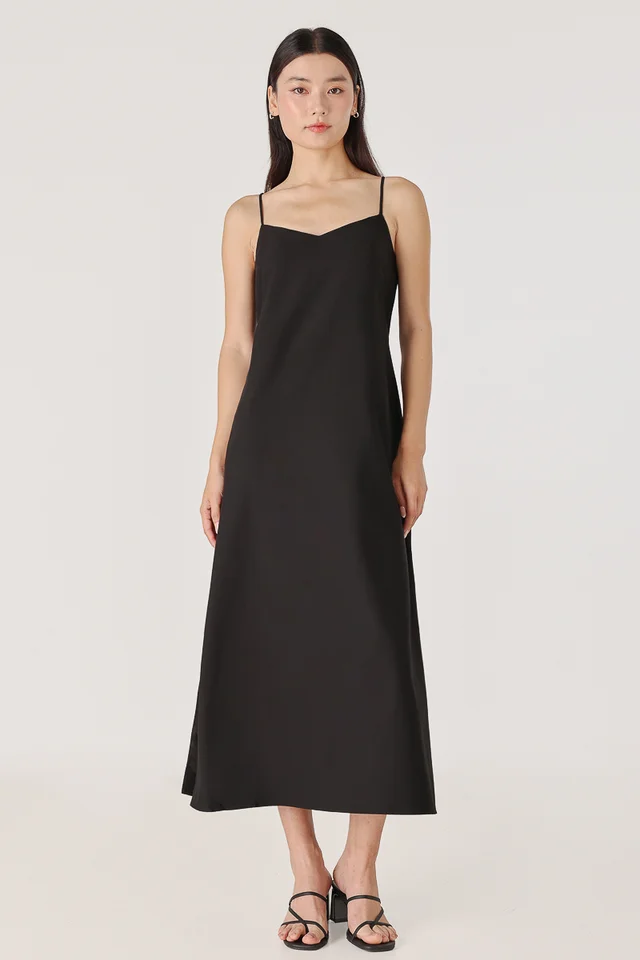 MARLA REVERSIBLE PADDED TIE-BACK MIDAXI TENT DRESS (BLACK)