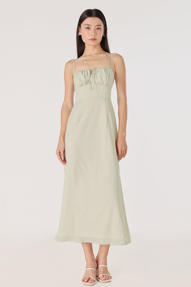 DELFINA PADDED KEYHOLE RIBBON MIDAXI DRESS (GREEN GINGHAM)