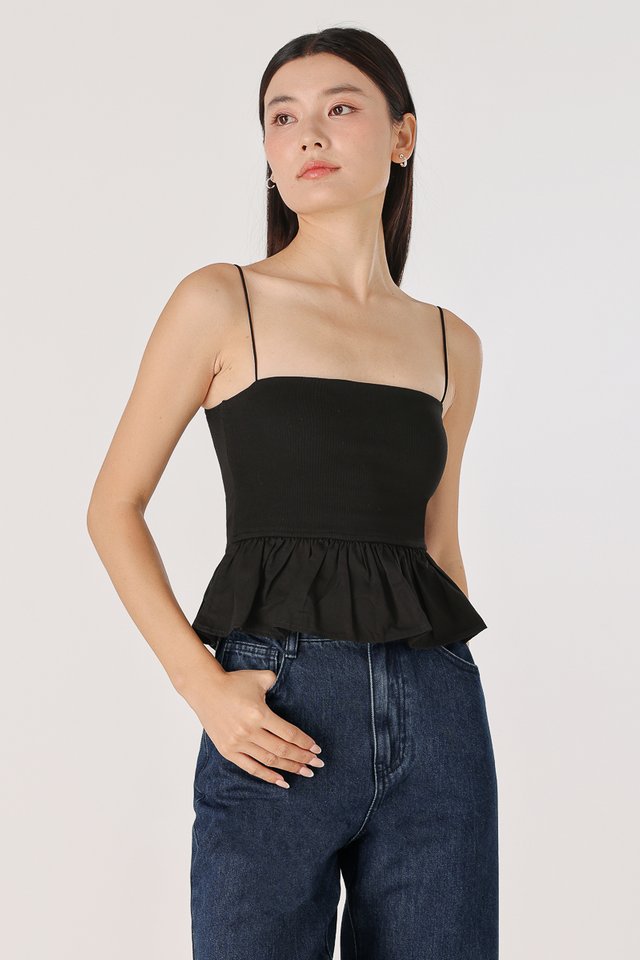FANNIE REVERSIBLE PADDED CONTRAST PEPLUM TOP (BLACK)