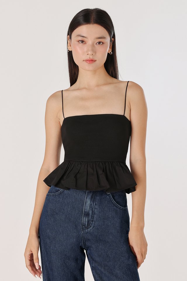 FANNIE REVERSIBLE PADDED CONTRAST PEPLUM TOP (BLACK)