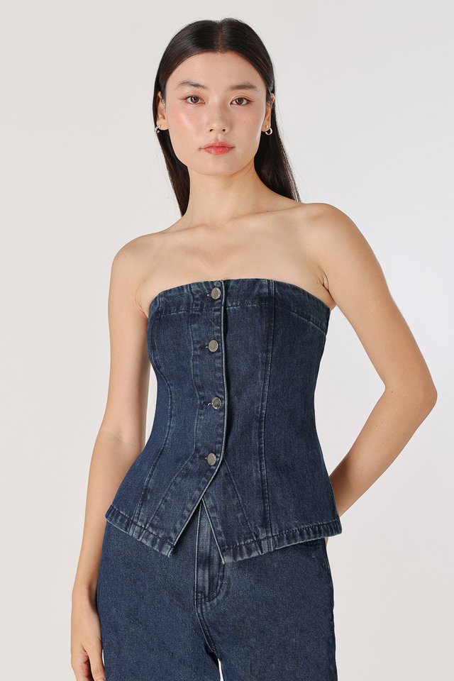 DIVINE DENIM BUTTON TUBE VEST TOP (DARK WASHED)