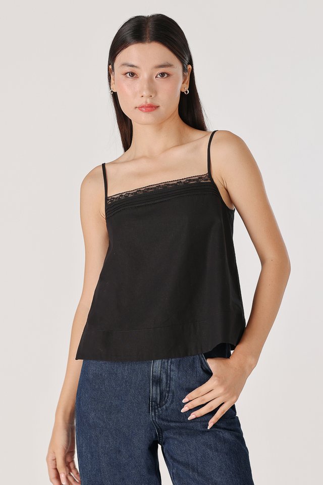 OLANNA LINEN LACE INSERT THICK HEM CAMI TOP (BLACK)