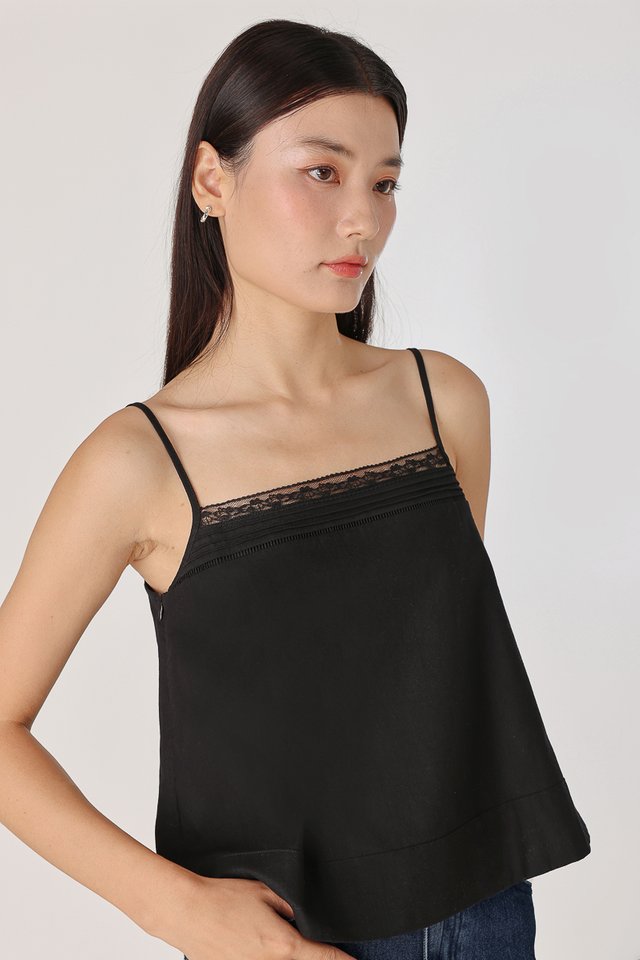 OLANNA LINEN LACE INSERT THICK HEM CAMI TOP (BLACK)