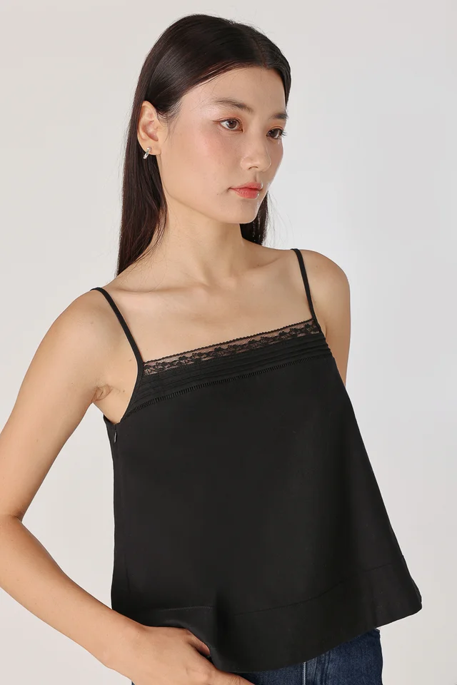 OLANNA LINEN LACE INSERT THICK HEM CAMI TOP (BLACK)