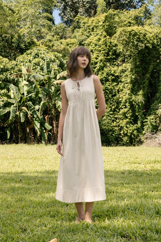 MARJORIE LINEN PINTUCK RIBBON MAXI DRESS (NATURAL)