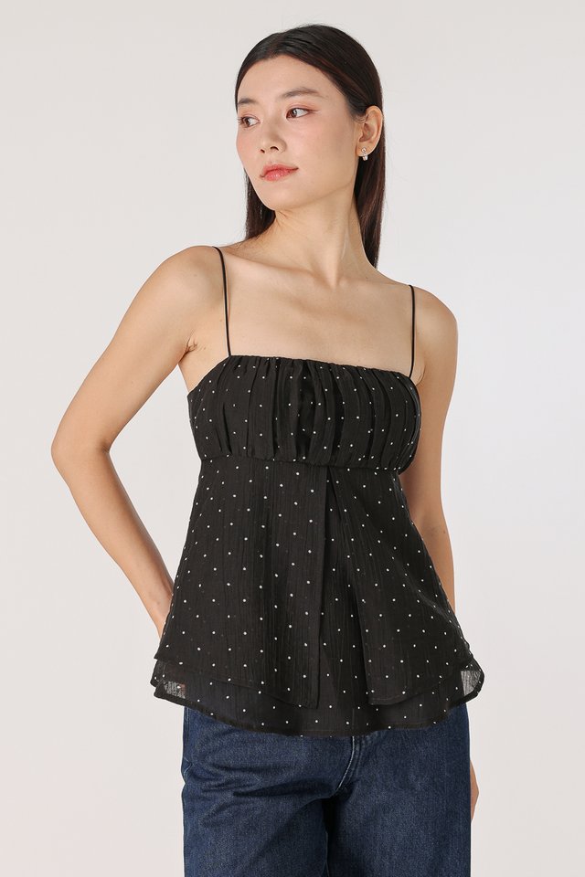 EMMY PADDED CHIFFON POLKA DOT RUCHED BABYDOLL TOP (BLACK)