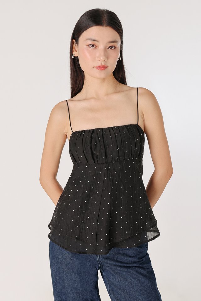 EMMY PADDED CHIFFON POLKA DOT RUCHED BABYDOLL TOP (BLACK)