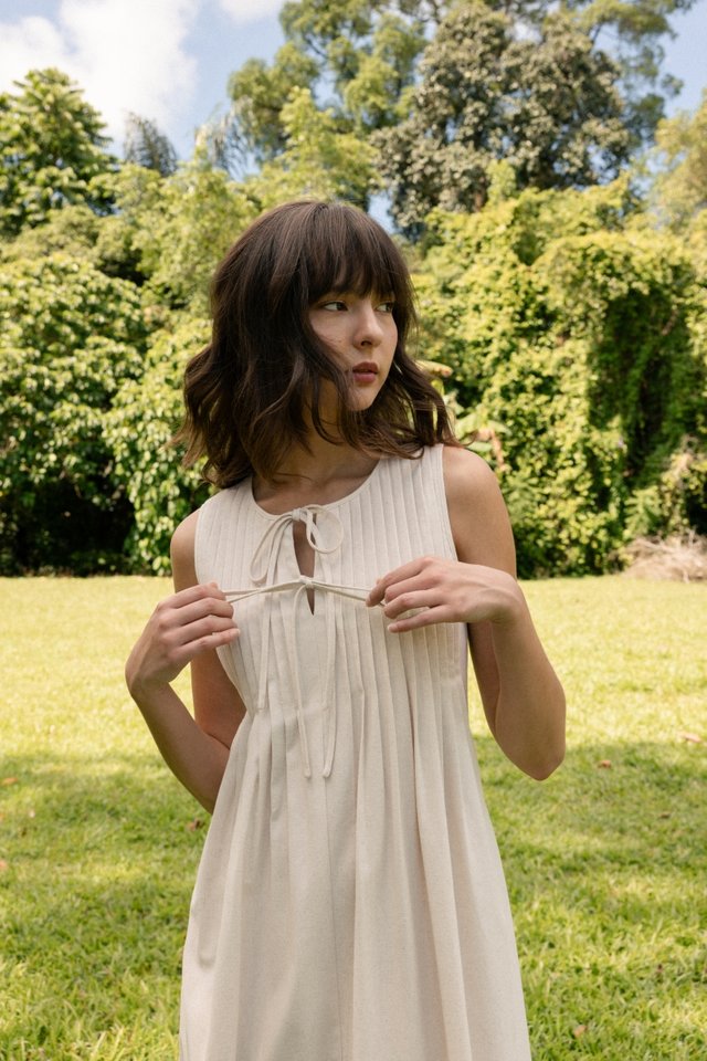 MARJORIE LINEN PINTUCK RIBBON MAXI DRESS (NATURAL)