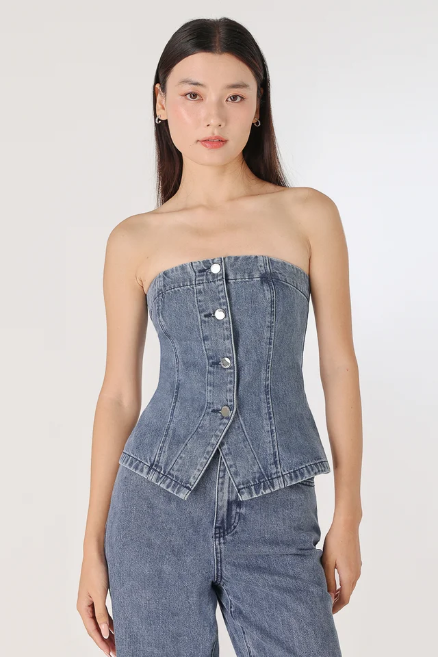 DIVINE DENIM BUTTON TUBE VEST TOP (LIGHT WASHED)