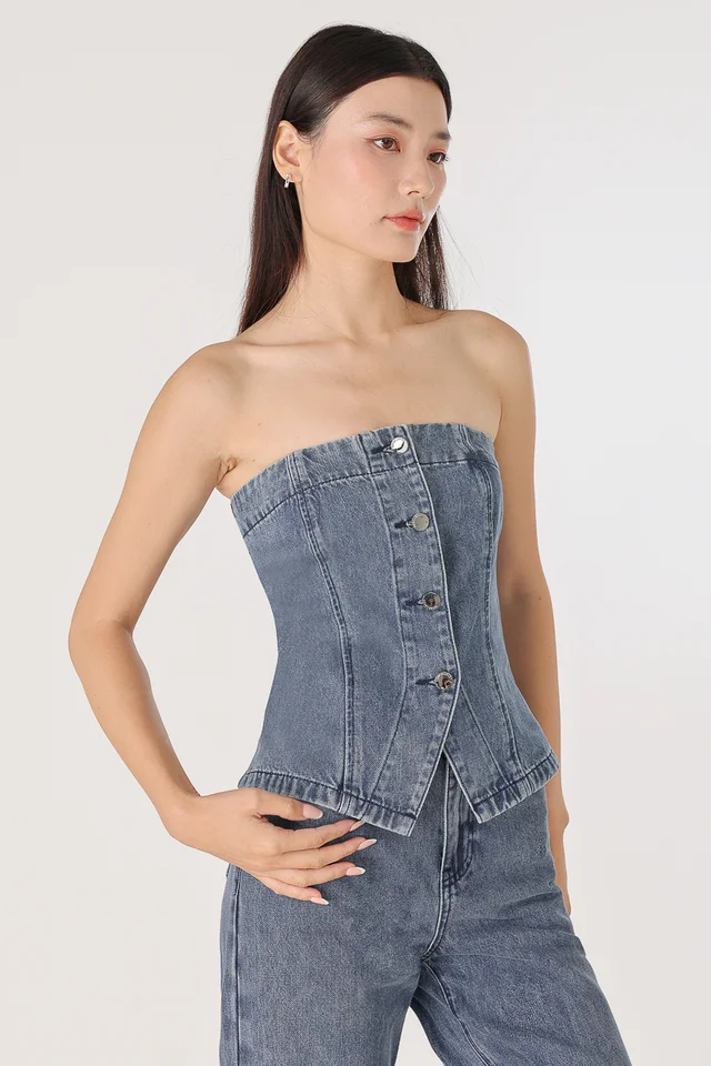 DIVINE DENIM BUTTON TUBE VEST TOP (LIGHT WASHED)