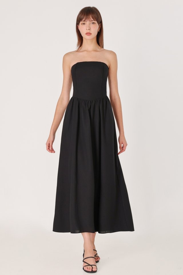 ABBILYN PADDED LINEN LOW-WAIST PINTUCK TWO-WAY MIDAXI DRESS (BLACK)