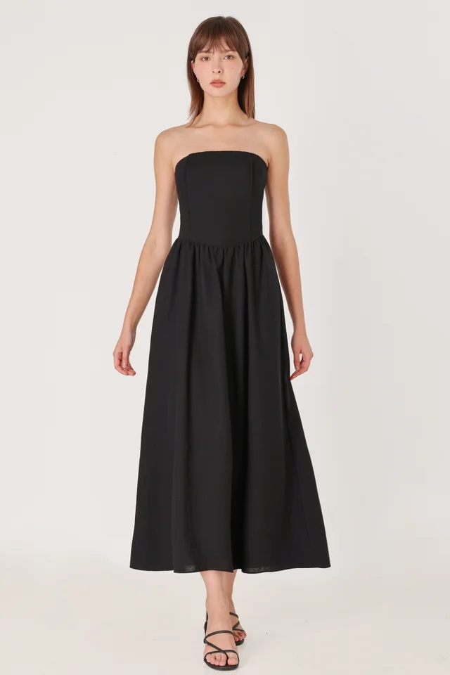 ABBILYN PADDED LINEN LOW-WAIST PINTUCK TWO-WAY MIDAXI DRESS (BLACK)