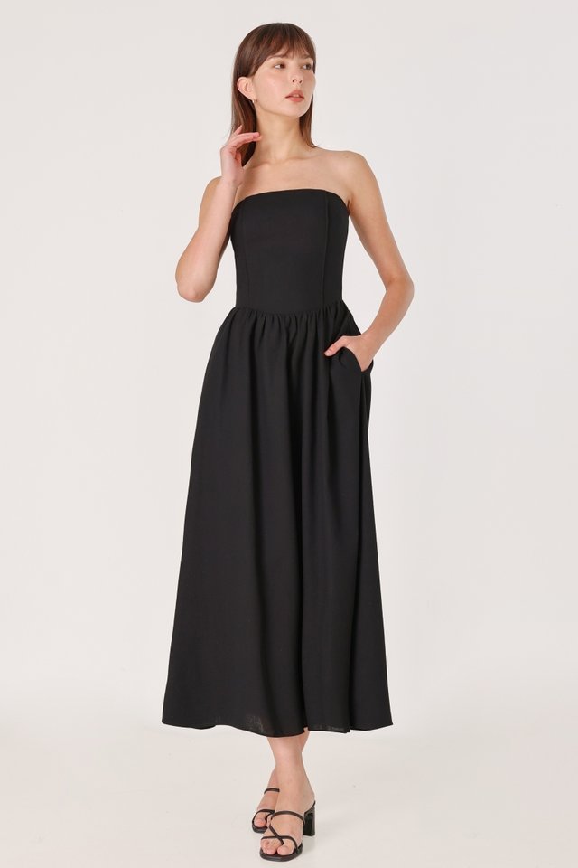 ABBILYN PADDED LINEN LOW-WAIST PINTUCK TWO-WAY MIDAXI DRESS (BLACK)