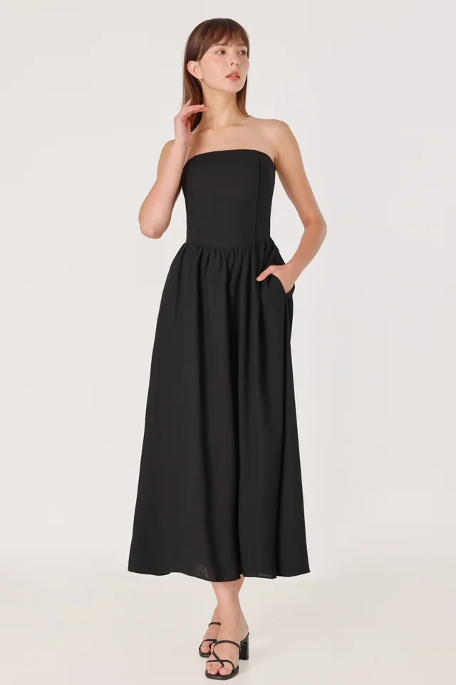 ABBILYN PADDED LINEN LOW-WAIST PINTUCK TWO-WAY MIDAXI DRESS (BLACK)