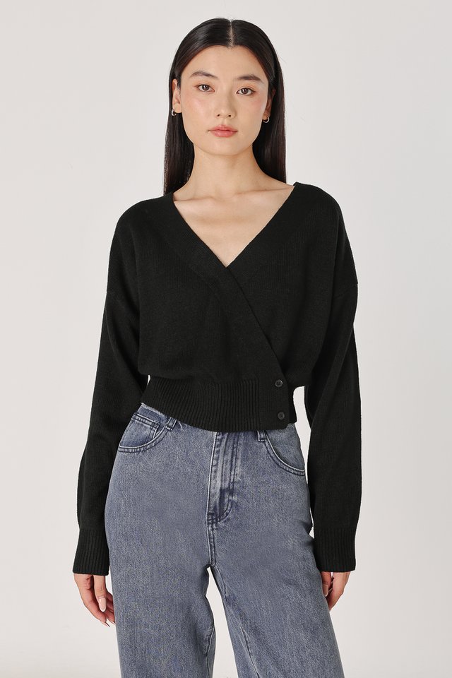 DALE WRAP BUTTON KNIT CARDIGAN TOP (BLACK)