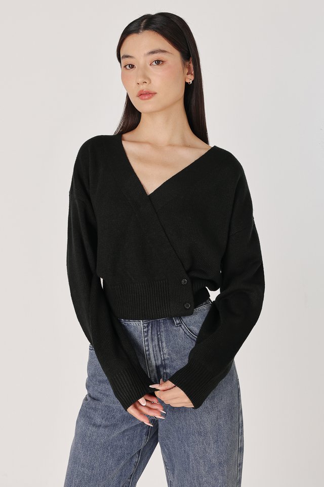 DALE WRAP BUTTON KNIT CARDIGAN TOP (BLACK)