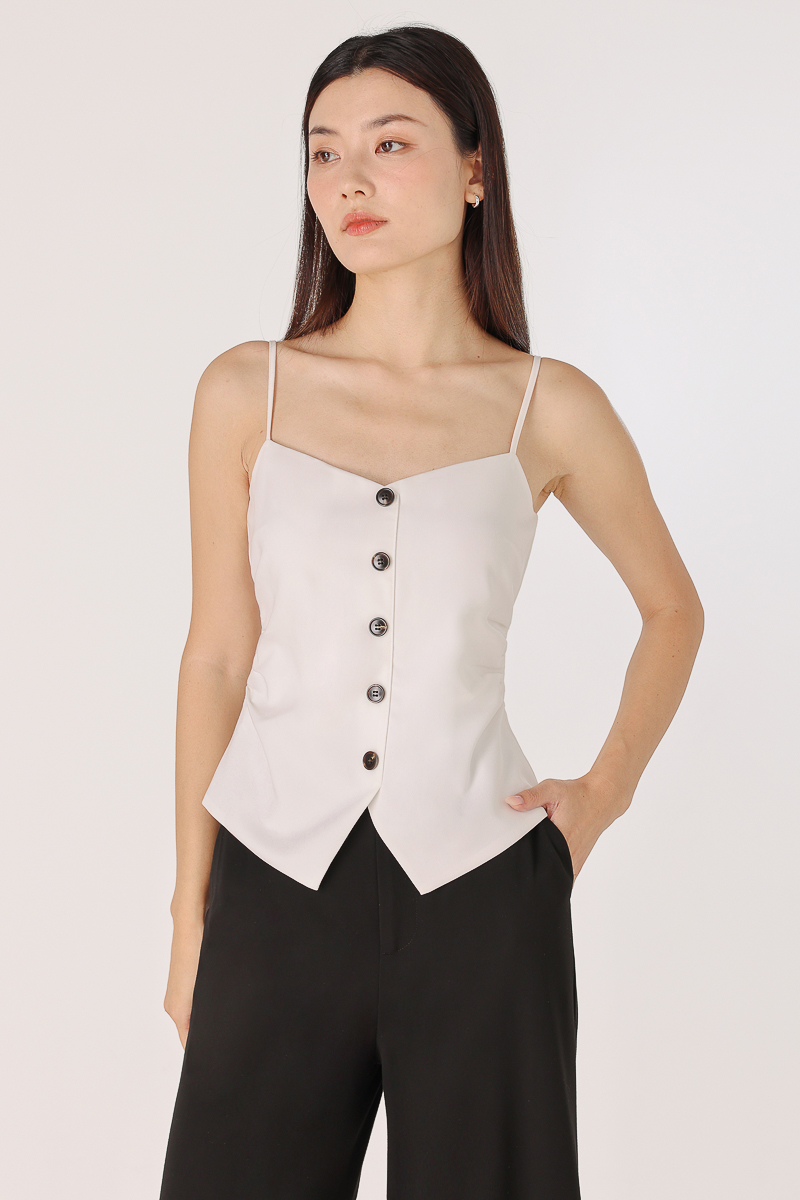 ALESSIA PADDED SIDE RUCHED BUTTON VEST TOP (WHITE) | Lovet