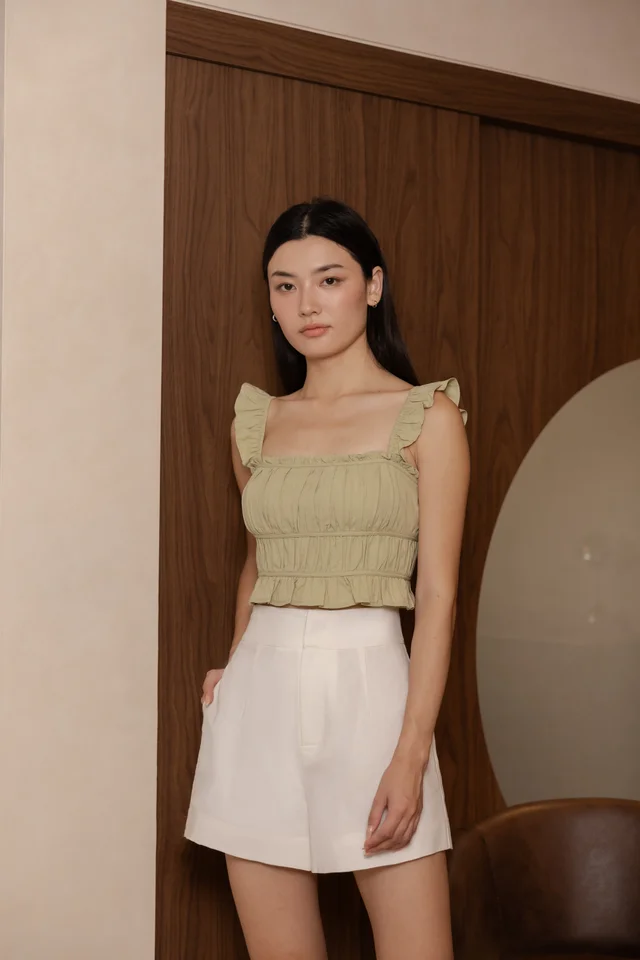 MATILDA LINEN THICK WAISTBAND SHORTS (WHITE)