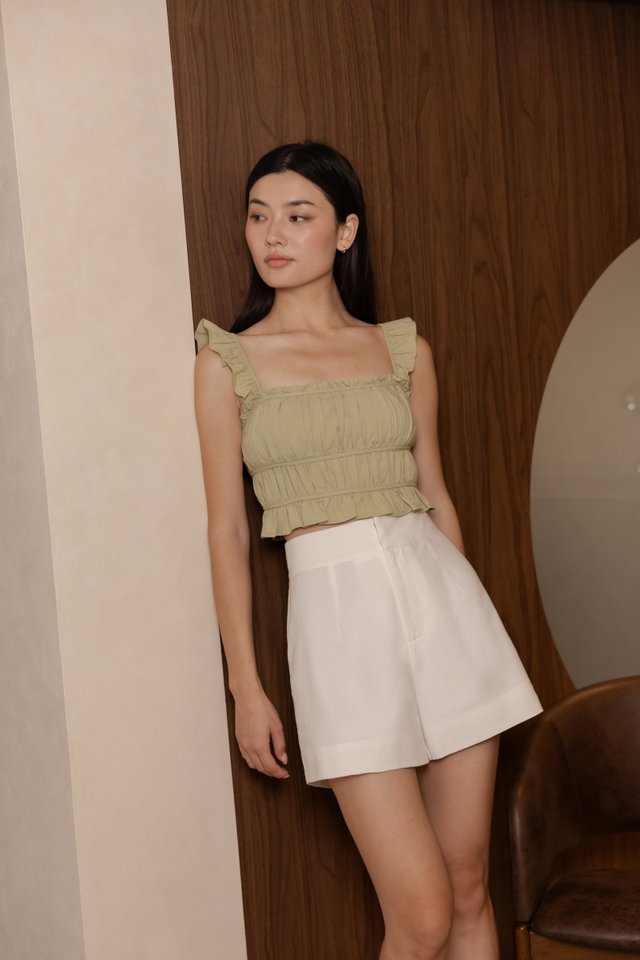 MATILDA LINEN THICK WAISTBAND SHORTS (WHITE) MATILDA LINEN THICK WAISTBAND SHORTS (WHITE)