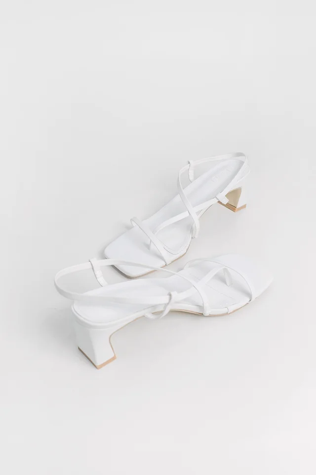 DESHELLY ASYMMETRICAL STRAP SLINGBACK HEELS (WHITE)
