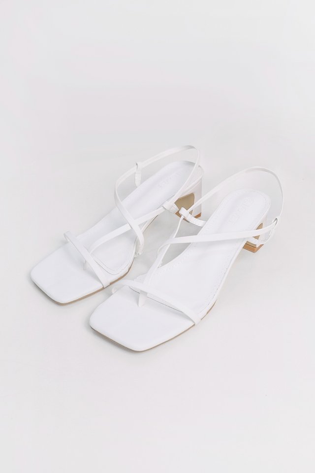 DESHELLY ASYMMETRICAL STRAP SLINGBACK HEELS (WHITE)