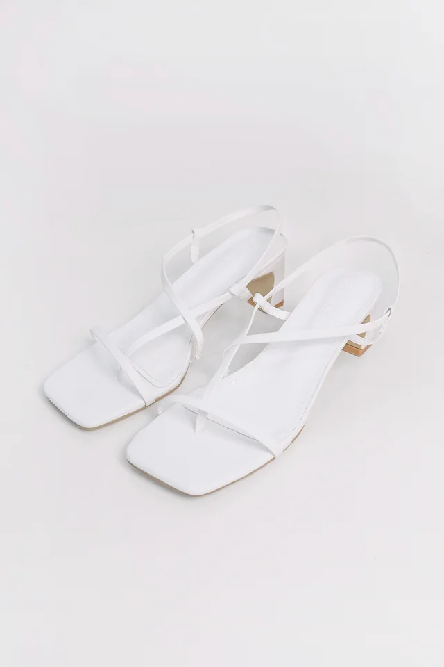 DESHELLY ASYMMETRICAL STRAP SLINGBACK HEELS (WHITE)