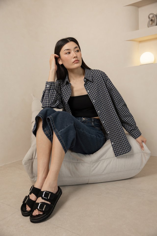 ALFIE BUTTON UP CURVED HEM SHIRT (NAVY CHECKERED)