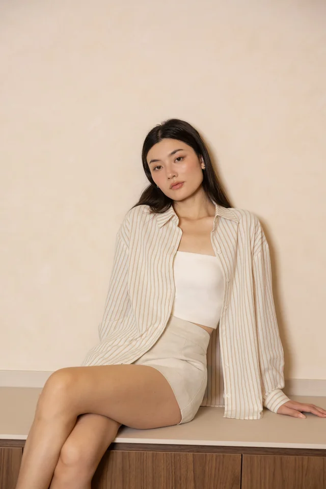 ALFIE BUTTON UP CURVED HEM SHIRT (OAT STRIPED)