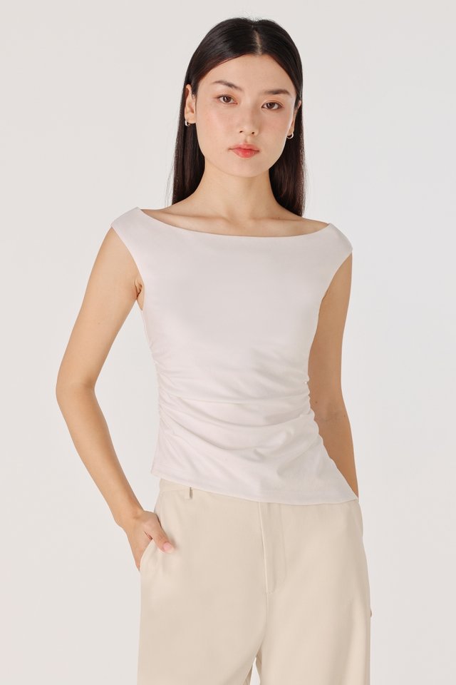 EVANGELINE PADDED BOATNECK SLANT HEM RUCHED TOP (WHITE)